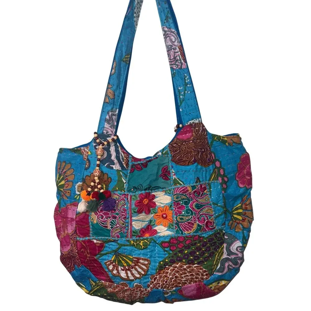 Tribe Azure Boho Patchwork Oversized Tote Bag Blue Handcrafted Embroidered - Picture 3 of 10